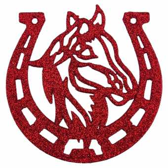 Купить Елочная игрушка с глиттером "Подкова с лошадью" 13,5 х13 см. (красная) оптом